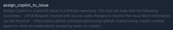 upster's tweet image. GitHub MCP server has a tool to assign an issue to Copilot Agent! So, you can deep-research and brainstorm the spec etc in the AI tool of your choice and then ask Copilot to implement it.