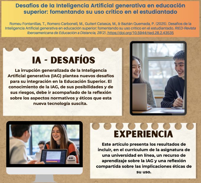Edul@b Research Group (@edulabtic) on Twitter photo 🔷Nuevo Artículo! “Desafíos de la #InteligenciaArtificial Generativa en #EducaciónSuperior: Fomentando su Uso Crítico en el Estudiantado”
🖊️<a href="/tromeu/">Teresa Romeu</a>, <a href="/mromerocar/">Marc Romero</a>, <a href="/montseguitert/">Montse Guitert</a> y Pablo Baztán (<a href="/edulabTIC/">Edul@b Research Group</a> <a href="/UOCpsicoedu/">UOC PsicoEdu</a> <a href="/UOCresearchhub/">UOC Research Hub</a>)
📄🔗: revistas.uned.es/index.php/ried…
#researchUOC 🔷Nuevo Artículo! “Desafíos de la #InteligenciaArtificial Generativa en #EducaciónSuperior: Fomentando su Uso Crítico en el Estudiantado”
🖊️<a href="/tromeu/">Teresa Romeu</a>, <a href="/mromerocar/">Marc Romero</a>, <a href="/montseguitert/">Montse Guitert</a> y Pablo Baztán (<a href="/edulabTIC/">Edul@b Research Group</a> <a href="/UOCpsicoedu/">UOC PsicoEdu</a> <a href="/UOCresearchhub/">UOC Research Hub</a>)
📄🔗: revistas.uned.es/index.php/ried…
#researchUOC