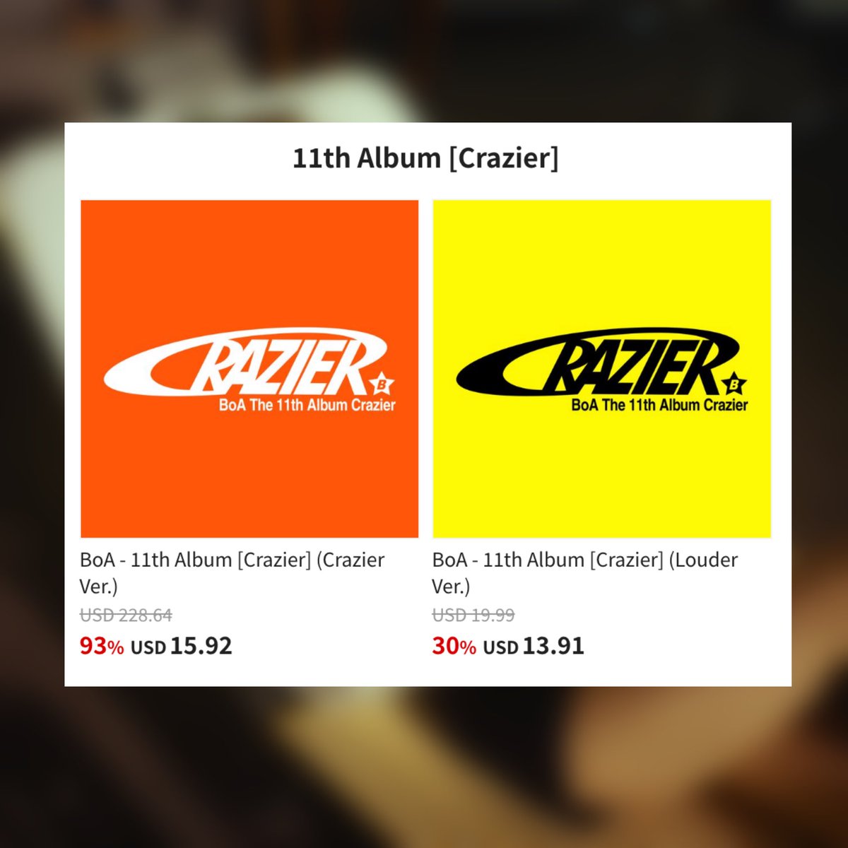 boasource's tweet image. KTown4U is offering a 30% discount if you pre-order BoA's 11th album 'Crazier' using their exclusive ‘BoA GLOBAL UNION’ link!
🛒 tinyurl.com/yc29ykv9
— Offer ends Aug. 4 (09:00 KST)
#BoA #보아
