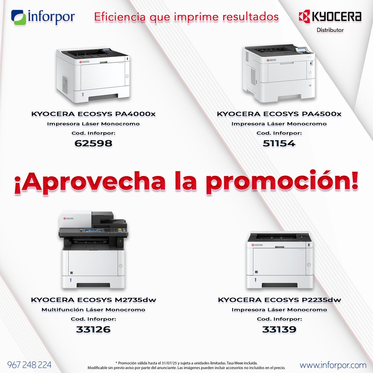 Inforpor (@inforpor) on Twitter photo 🔴 ¡Promoción <a href="/KYOCERA_DS_ES/">KYOCERA DS España</a>! 🔴
Modelos láser monocromo ECOSYS PA4000x, PA4500x, M2735dw y P2235dw.
🛒 Compra aquí 👉 tienda.inforpor.com/search?cmp=285
📆 Hasta el 31/07/25 o fin de existencias
#Inforpor #Kyocera #Promoción 🔴 ¡Promoción <a href="/KYOCERA_DS_ES/">KYOCERA DS España</a>! 🔴
Modelos láser monocromo ECOSYS PA4000x, PA4500x, M2735dw y P2235dw.
🛒 Compra aquí 👉 tienda.inforpor.com/search?cmp=285
📆 Hasta el 31/07/25 o fin de existencias
#Inforpor #Kyocera #Promoción