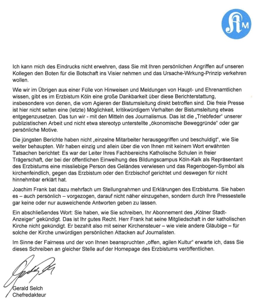 Andreas Püttmann (@puettmann_bonn) on Twitter photo Das <a href="/Erzbistum_Koeln/">Erzbistum Köln</a> kommt nicht zur Ruhe. Ein wildgewordener Kirchenbürokrat prangert öffentlich, ohne sachliche Widerlegung, einen kritischen Journalisten an (von dessen Kirchensteuer er lebt).
Der <a href="/KSTA/">Kölner Stadt-Anzeiger</a>-Chefredakteur findet die angemessene Antwort.
Schäme mich für mein Bistum. Das <a href="/Erzbistum_Koeln/">Erzbistum Köln</a> kommt nicht zur Ruhe. Ein wildgewordener Kirchenbürokrat prangert öffentlich, ohne sachliche Widerlegung, einen kritischen Journalisten an (von dessen Kirchensteuer er lebt).
Der <a href="/KSTA/">Kölner Stadt-Anzeiger</a>-Chefredakteur findet die angemessene Antwort.
Schäme mich für mein Bistum.