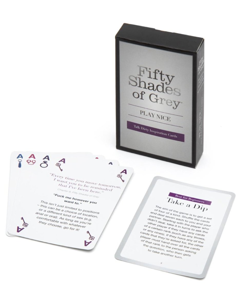 Intimate_Store's tweet image. FIFTY SHADES PLAY NICE TALK DIRTY CARD GAME

Inspire new sparks to fly in the bedroom when you whip out your deck of Fifty Shades playing cards. Emblazoned with confidence-boosting quotes from the books, each card boasts a sexy phrase and instruction for you and your partner to…