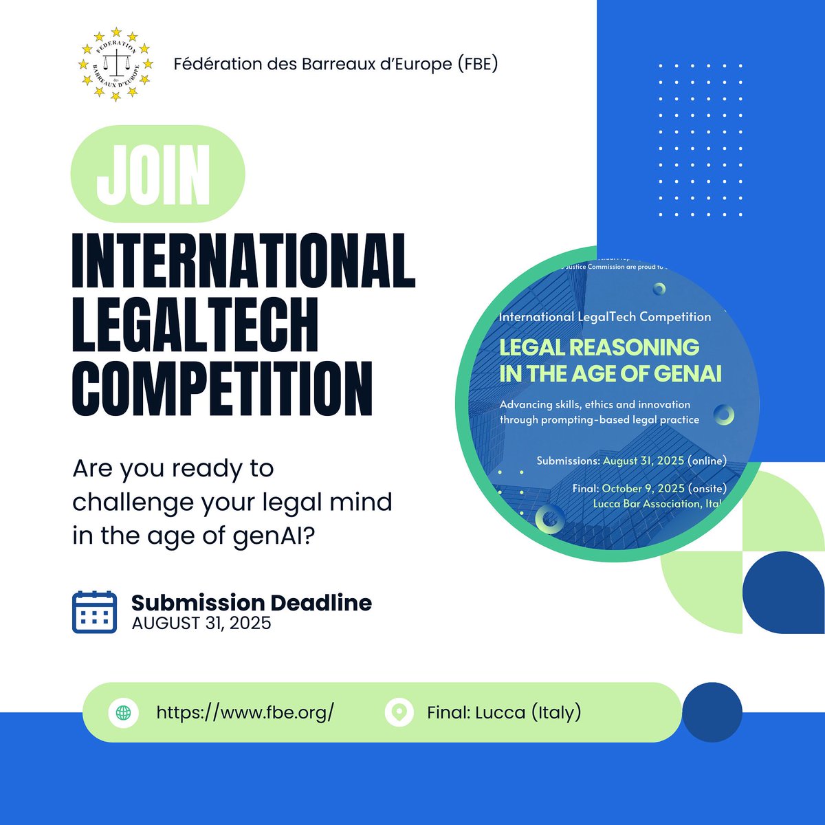 🌟 JOIN US IN LUCCA! 🇪🇺⚖️
After #Trento2024, we’re back — bigger &amp; bolder.
📍 Lucca Bar, Oct 10–11, 2025
🎯 AI: Balancing Freedom, Security &amp; Democracy Conference 
💡 Featuring the International LegalTech Competition!
Final: Oct 9 | Submit by Aug 31

More info 👉 FBE website