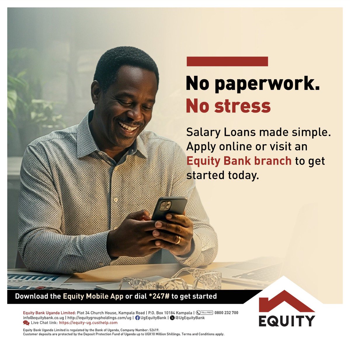 UgEquityBank's tweet image. Need a salary loan? 🤔
Equity Bank makes it easy, with zero paperwork and zero hassle.
Start your application online or visit a branch near you.
#EquityBankUganda