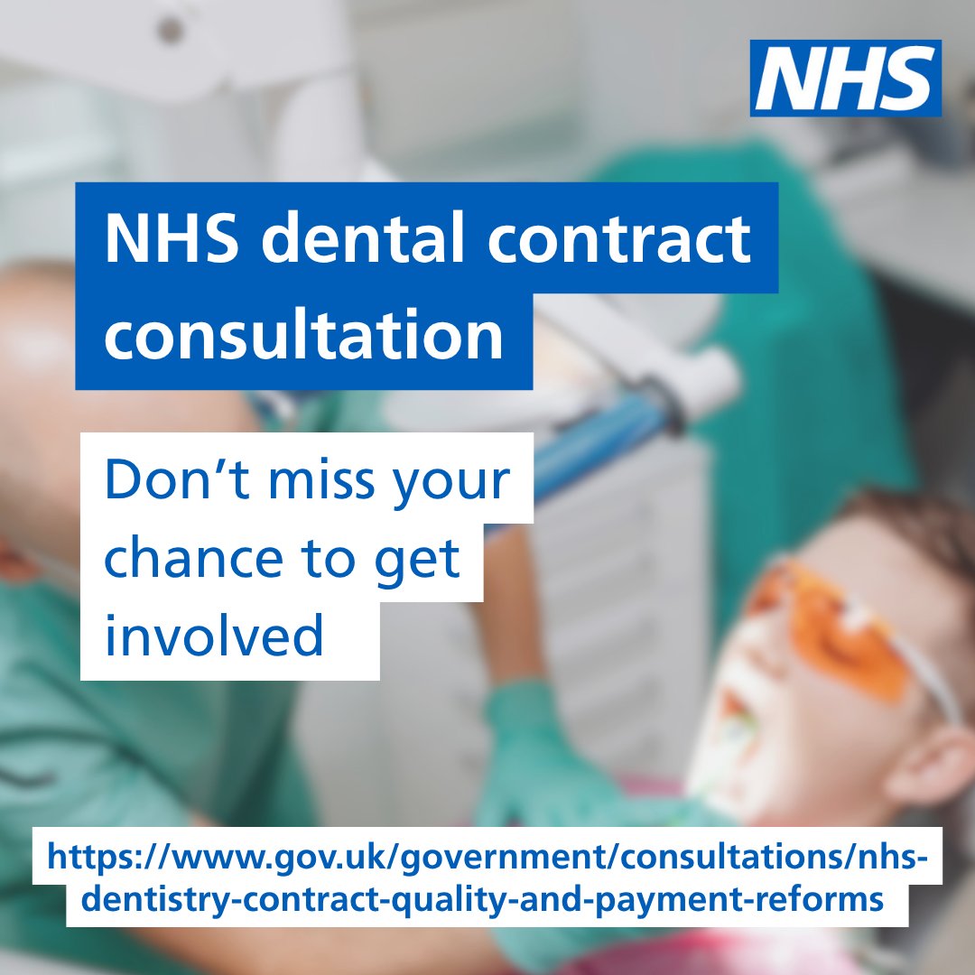 PrimaryCareNHS's tweet image. The Government’s dental consultation to reform NHS Dentistry is now open.
All those working in NHS dental services and commissioners are invited to give their views on the future of NHS dentistry.
Follow the link for more information:
gov.uk/government/con…
#NHSdentistry