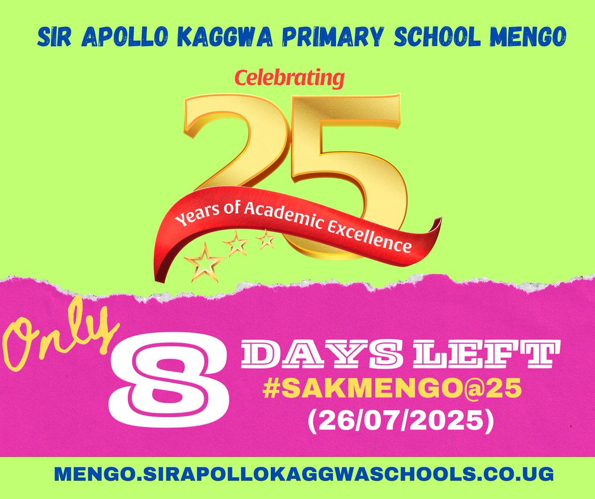 Sir Apollo Kaggwa Schools - Official (@sakschools) on Twitter photo With just 8 days to go, our hearts swell with pride as the countdown intensifies!
<a href="/SAKMengo/">#SakMengo@25 | 26/7/2025</a> stands tall not only as a school but also as a sanctuary of dreams, a garden where excellence flourishes, and a cherished home to the leaders of tomorrow.
Let this momentous countdown With just 8 days to go, our hearts swell with pride as the countdown intensifies!
<a href="/SAKMengo/">#SakMengo@25 | 26/7/2025</a> stands tall not only as a school but also as a sanctuary of dreams, a garden where excellence flourishes, and a cherished home to the leaders of tomorrow.
Let this momentous countdown