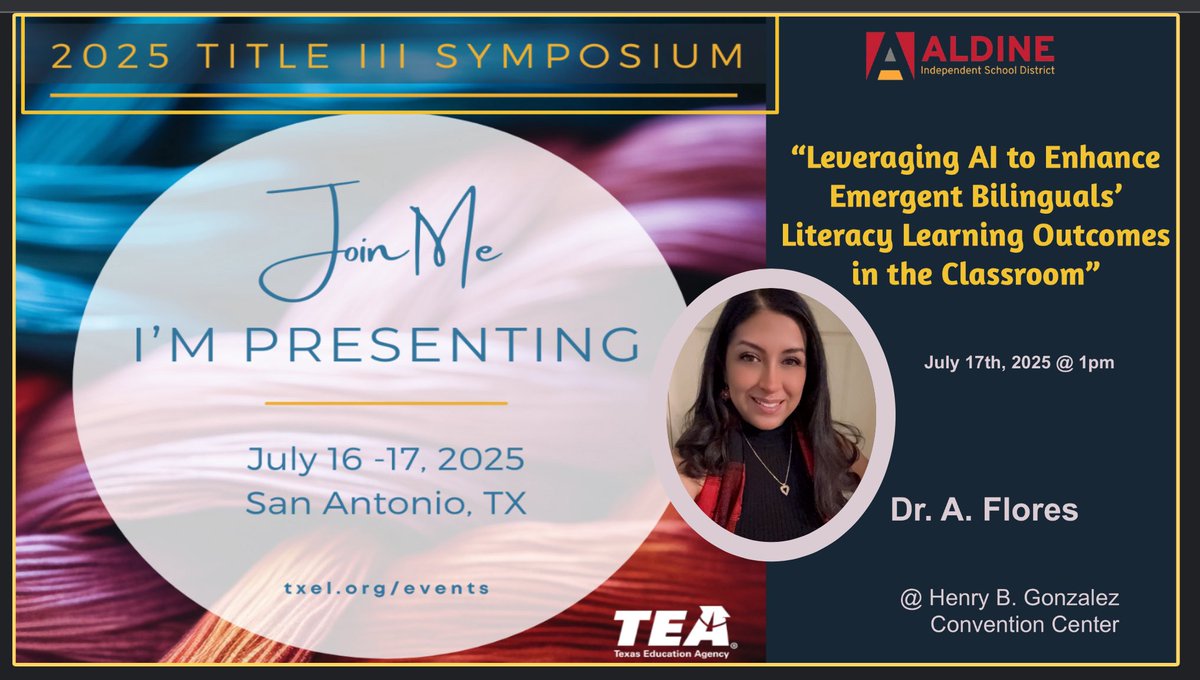 primaryliterac1's tweet image. Beyond honored to present at the 2025 Title III Symposium #T3Smp25 in San Antonio, TX - Leveraging AI to Enhance Bilinguals’ Literacy Learning Outcomes in the Classroom @teainfo more info at txel.org/registered @drgoffney @aniklt @NickersonCierra @gforoi