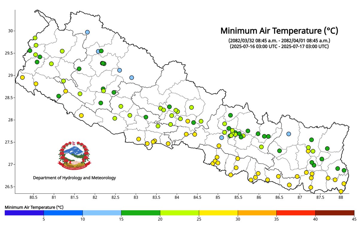 ClimateDhm's tweet image. #Daily_Weather_Summary_17th_July_2025
The highest daily precipitation (45.8mm) is recorded at Gokuleshwar (Darchula) today. The highest temperature (35.0°C) is recorded at Semari (Nawalparasi West) and the lowest (11.7°C) at Simikot(Humla). For more, visit dhm.gov.np/climate-