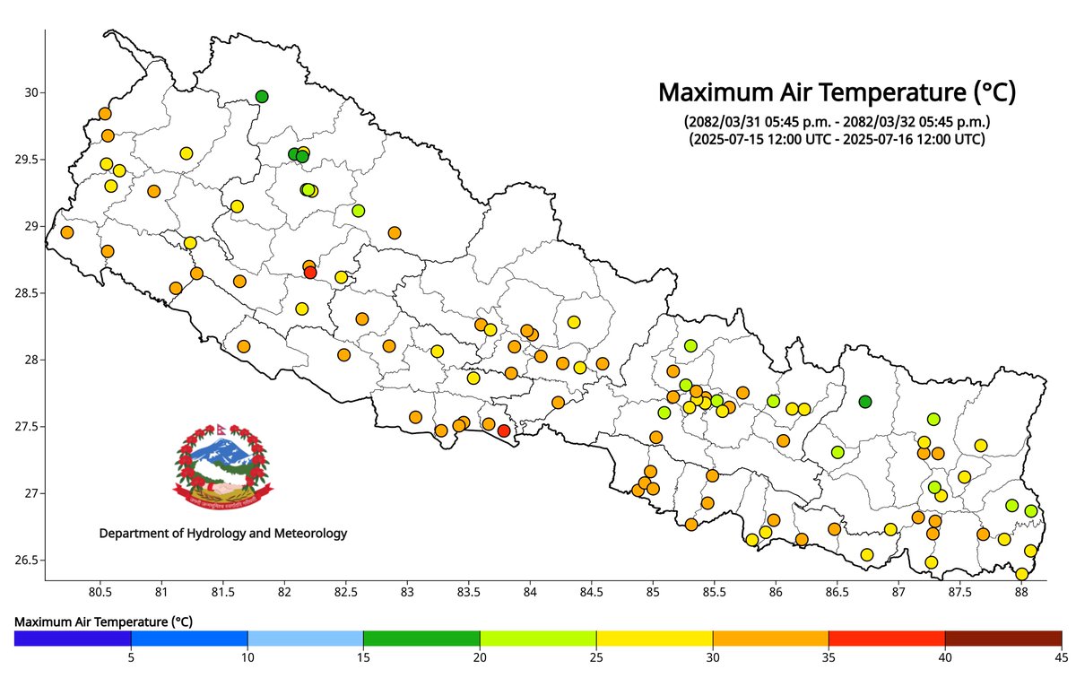 ClimateDhm's tweet image. #Daily_Weather_Summary_17th_July_2025
The highest daily precipitation (45.8mm) is recorded at Gokuleshwar (Darchula) today. The highest temperature (35.0°C) is recorded at Semari (Nawalparasi West) and the lowest (11.7°C) at Simikot(Humla). For more, visit dhm.gov.np/climate-