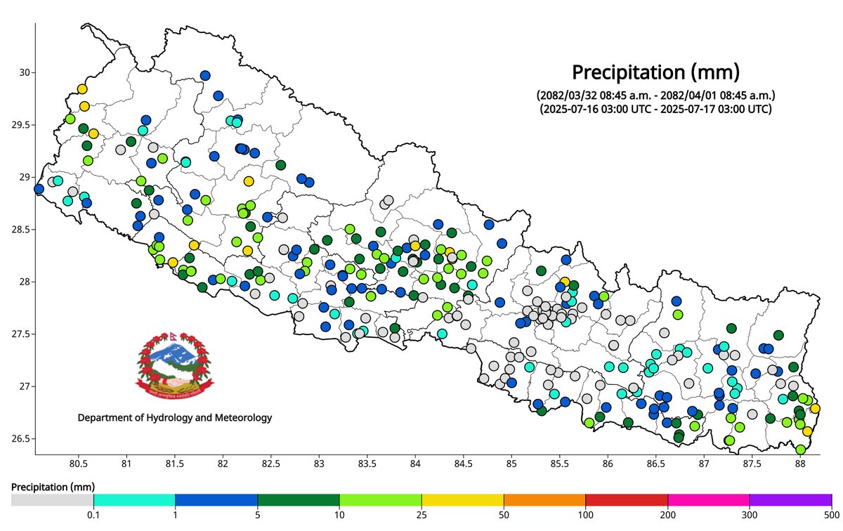 ClimateDhm's tweet image. #Daily_Weather_Summary_17th_July_2025
The highest daily precipitation (45.8mm) is recorded at Gokuleshwar (Darchula) today. The highest temperature (35.0°C) is recorded at Semari (Nawalparasi West) and the lowest (11.7°C) at Simikot(Humla). For more, visit dhm.gov.np/climate-
