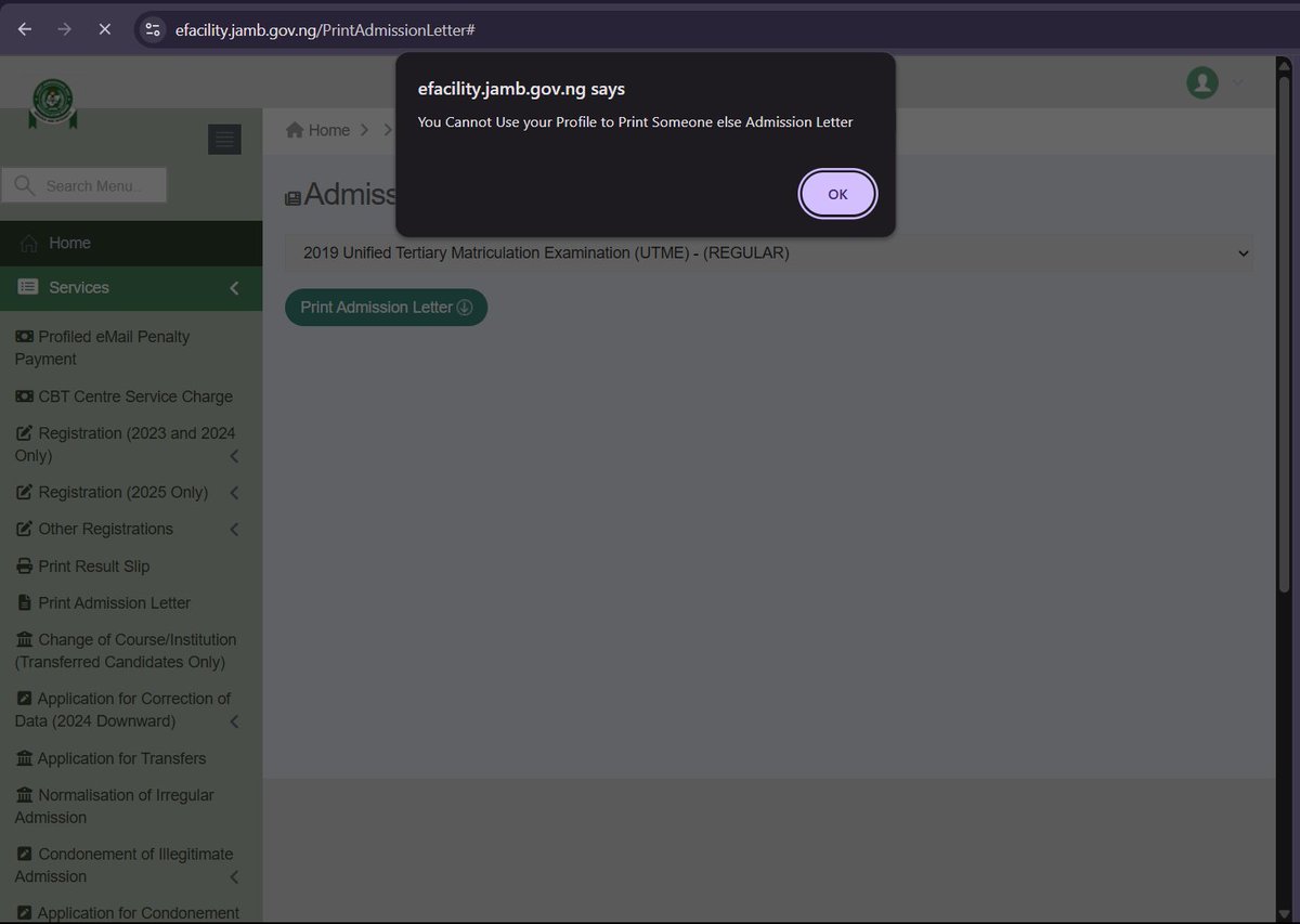 <a href="/JAMBHQ/">JAMB</a> Good morning. Every time I try to print my admission letter, I encounter this error. I've visited the Jamb office in Enugu on several occasions, and they were unable to resolve this issue. I also created a ticket on your support channel, but there has been no response.