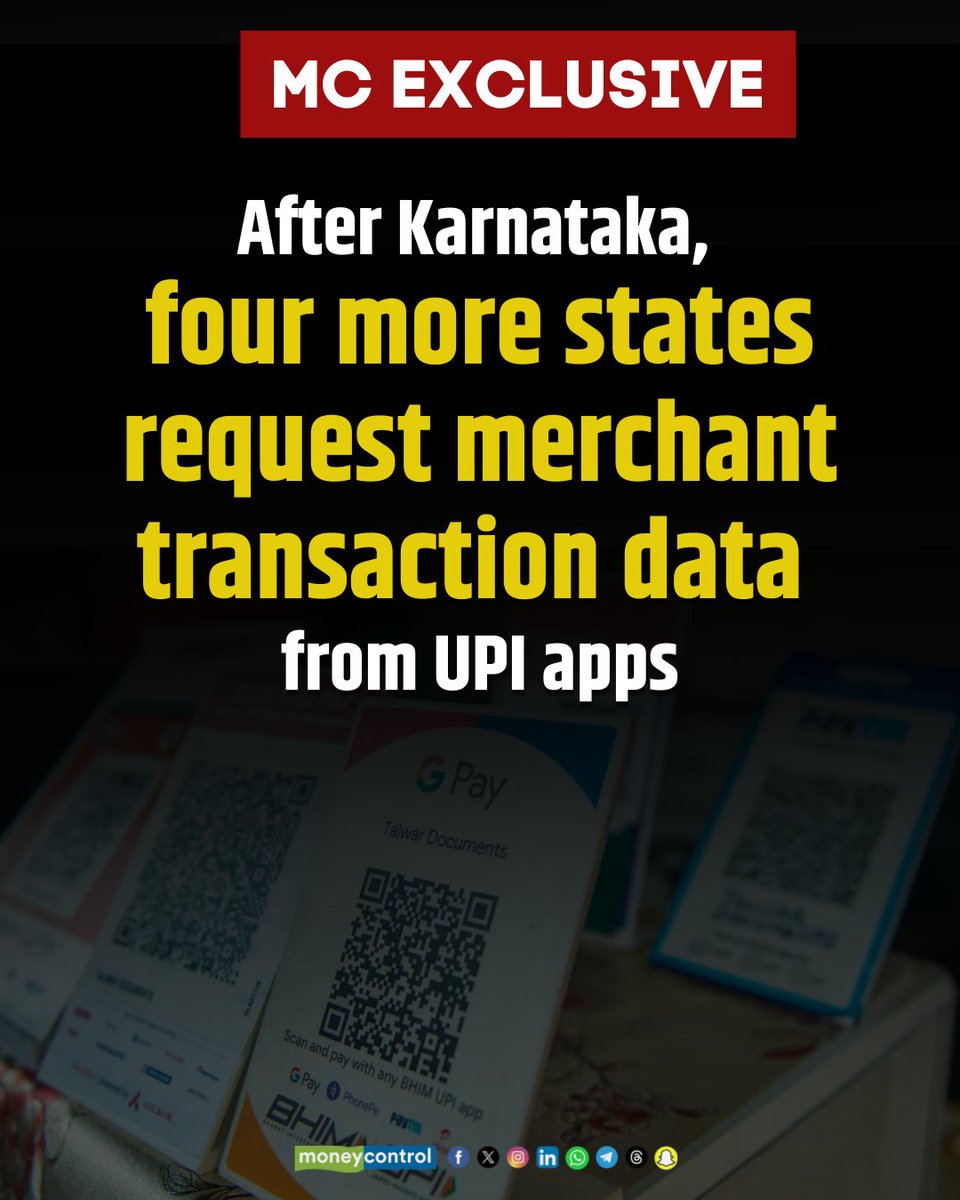 #MCExclusive 🚨 | More 📊 states request Merchant Turnover Data from UPI Apps!

Following Karnataka, 4 more states step in:
📍 Andhra Pradesh
📍 Uttar Pradesh
📍 Tamil Nadu
📍 Gujarat 

<a href="/ChristinMP_/">ChristinMathewPhilip</a> &amp; <a href="/AnandJRAnand/">ANAND J</a> with details ⤵️ 
moneycontrol.com/technology/aft…

#UPI #Data #Karnataka