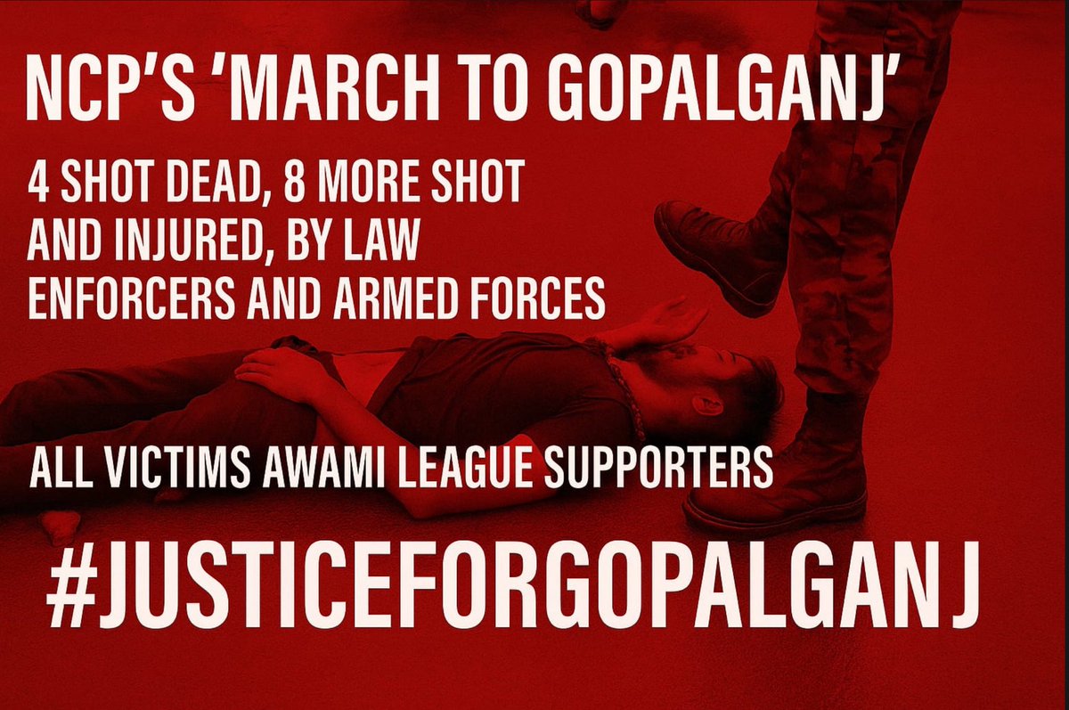 bdwatch2024's tweet image. 4 people were shot dead, while 8 more were shot and injured, by law enforcers and security forces in #Gopalganj yesterday during clashes between #AwamiLeague and #NCP activists. All gun-shot victims are AL supporters or activists. News:
thedailystar.net/news/banglades…
So, what…