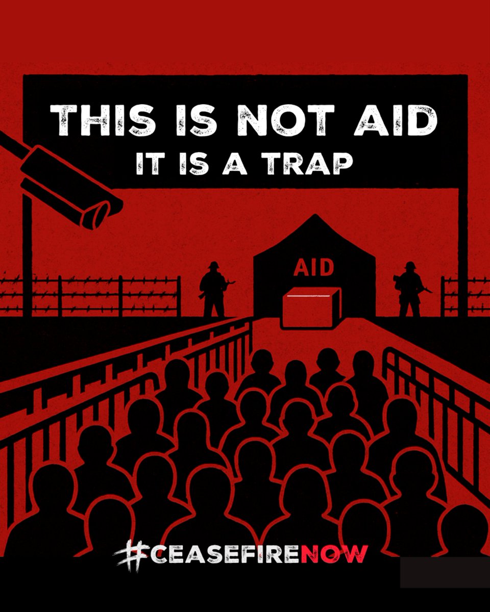 ActionAid's tweet image. Palestinians in Gaza are being funneled through fenced corridors, militarized zones and sniper-lined checkpoints… just to access food.
This is not aid. It is a trap.
Aid at gunpoint is not humanitarian aid.
#CeasefireNOW