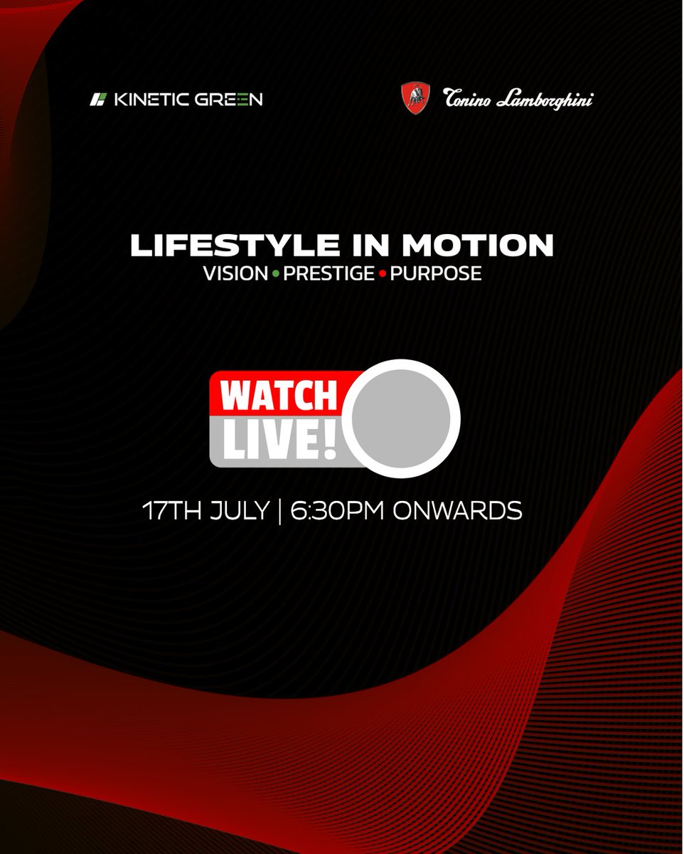 The day has arrived!

Join us for the global launch of the new luxury electric carts from 𝐊𝐢𝐧𝐞𝐭𝐢𝐜 𝐆𝐫𝐞𝐞𝐧 &amp; 𝐓𝐨𝐧𝐢𝐧𝐨 𝐋𝐚𝐦𝐛𝐨𝐫𝐠𝐡𝐢𝐧𝐢.

𝐋𝐈𝐅𝐄𝐒𝐓𝐘𝐋𝐄 𝐈𝐍 𝐌𝐎𝐓𝐈𝐎𝐍.
LIVE Unveiling | 6:30 PM

𝐖𝐚𝐭𝐜𝐡 𝐡𝐞𝐫𝐞: youtube.com/live/qYU9ofeph…

#KGTLLaunch