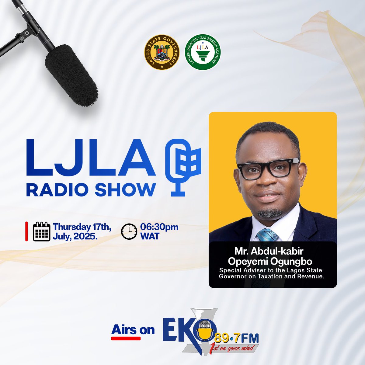 On Air Today: LJLA Greater Lagos Insights Radio Show 🎙️

Join us as we welcome Mr. Abdul-kabir Opeyemi Ogungbo, Special Adviser to the Lagos State Governor on Taxation and Revenue.

In this episode, he will delve into Lagos State’s revenue strategy, the evolving landscape of