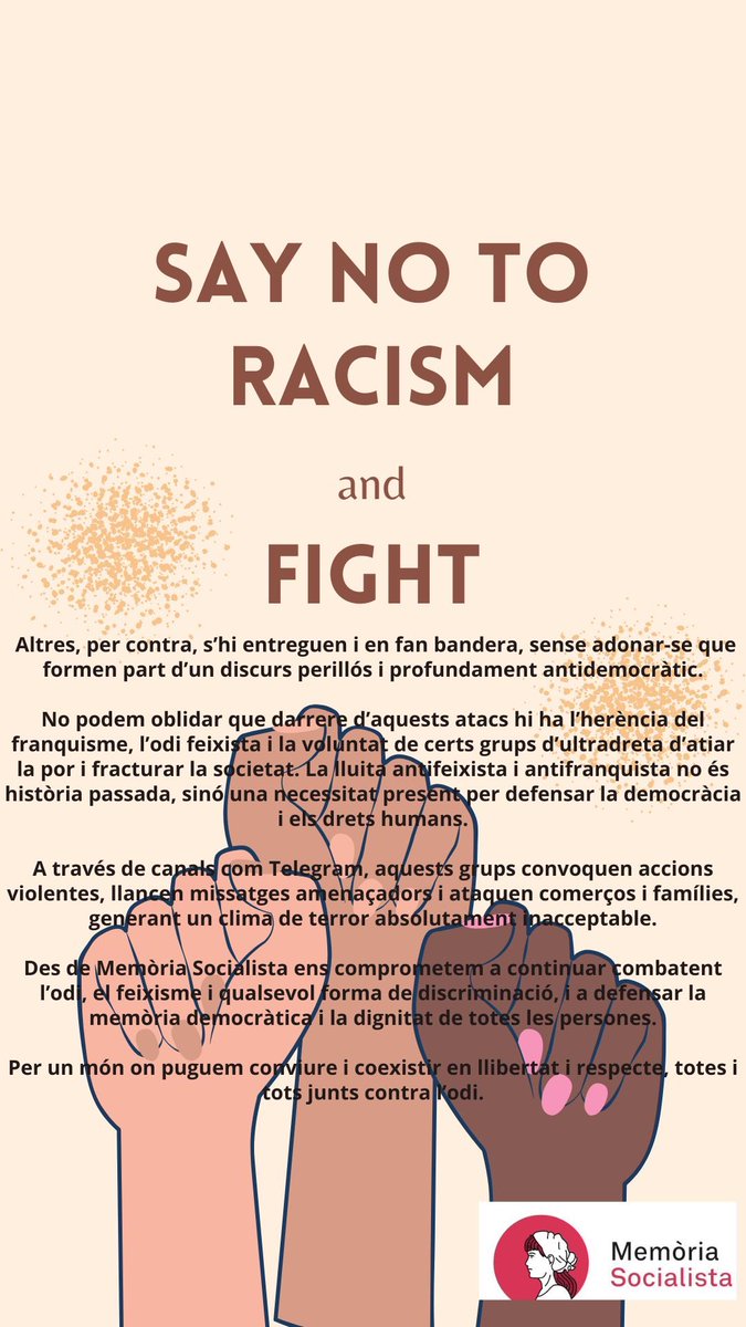 🌹 Memòria Socialista condemna els atacs feixistes a Torre Pacheco

✊ Donem suport a víctimes i famílies

⚠️ L’odi, la desinformació i l’herència franquista amenacen la democràcia

🌍 Per un món lliure d'intolerants

✅Llegiu el nostre posicionament :

#StopOdi #Antifeixisme