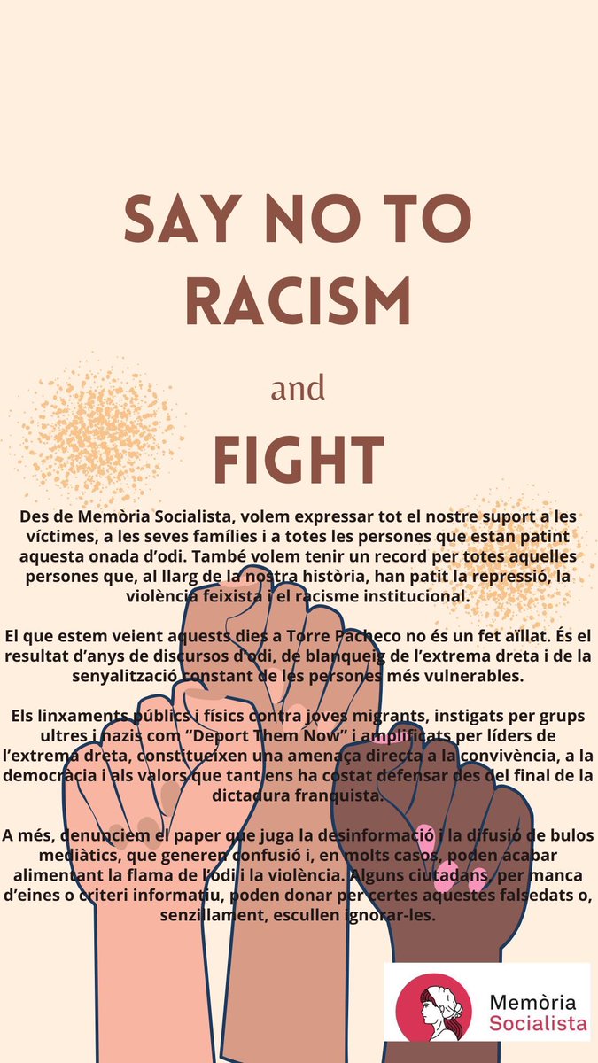 M_Socialista's tweet photo. 🌹 Memòria Socialista condemna els atacs feixistes a Torre Pacheco

✊ Donem suport a víctimes i famílies

⚠️ L’odi, la desinformació i l’herència franquista amenacen la democràcia

🌍 Per un món lliure d'intolerants

✅Llegiu el nostre posicionament :

#StopOdi #Antifeixisme https://t.co/GH1c3JF3We