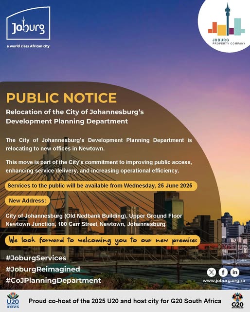 jhbproperty's tweet image. #JHBpropertyupdates The @CityofJoburgZA Development Planning department has relocated to new offices in Newtown. See attached for more details #KnowTheJPC #JHBpropertycares