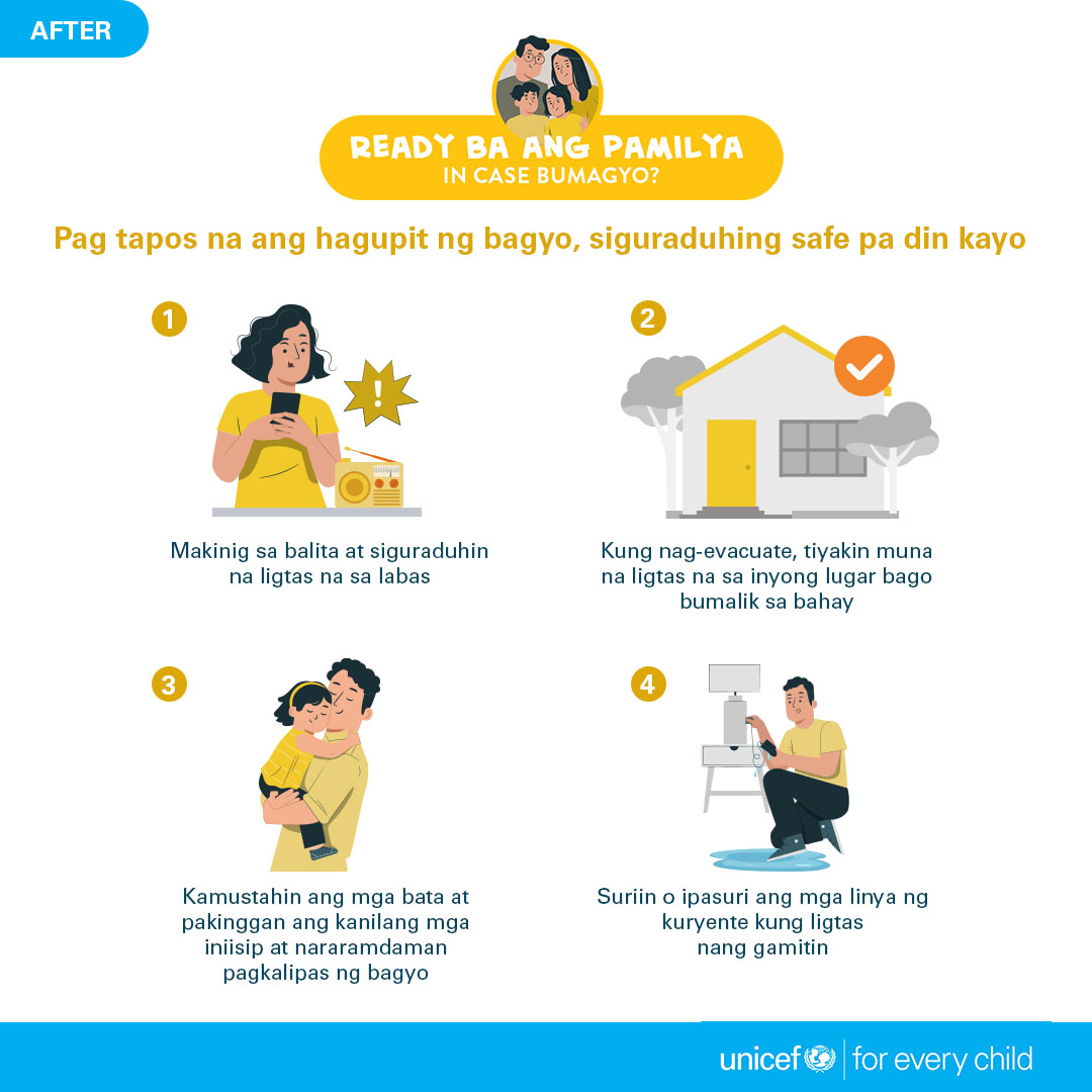 unicefphils's tweet image. 🌧️ Stay safe, stay ready!

Narito ang ilang paalala para maging ligtas ang buong pamilya ngayong papalapit ang #CrisingPH.

Tandaan: Bawat ng miyembro ng pamilya ay mayroong tungkulin upang maging ligtas ang buong pamilya. 💙