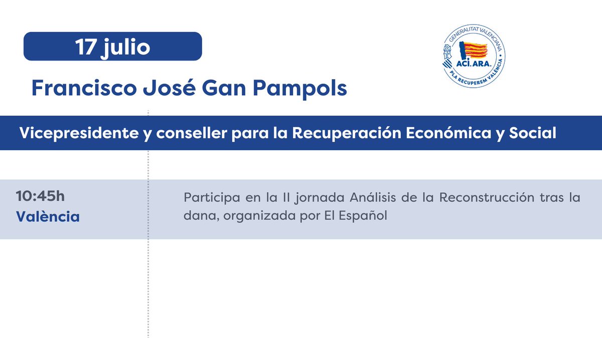 GVA Recuperació (@gvarecuperacio) on Twitter photo 📆Agenda del vicepresidente segundo y conseller para la Recuperación Económica y Social, Francisco José Gan Pampols
Participa en la II edición del #ForoReconstrucciónDANA de <a href="/elespanolcom/">EL ESPAÑOL</a> y <a href="/DeValenciaEE/">EL ESPAÑOL de Valencia</a>
📺Síguelo en directo a partir de las 10.45h en: youtube.com/watch?v=8DFiVs… 📆Agenda del vicepresidente segundo y conseller para la Recuperación Económica y Social, Francisco José Gan Pampols
Participa en la II edición del #ForoReconstrucciónDANA de <a href="/elespanolcom/">EL ESPAÑOL</a> y <a href="/DeValenciaEE/">EL ESPAÑOL de Valencia</a>
📺Síguelo en directo a partir de las 10.45h en: youtube.com/watch?v=8DFiVs…