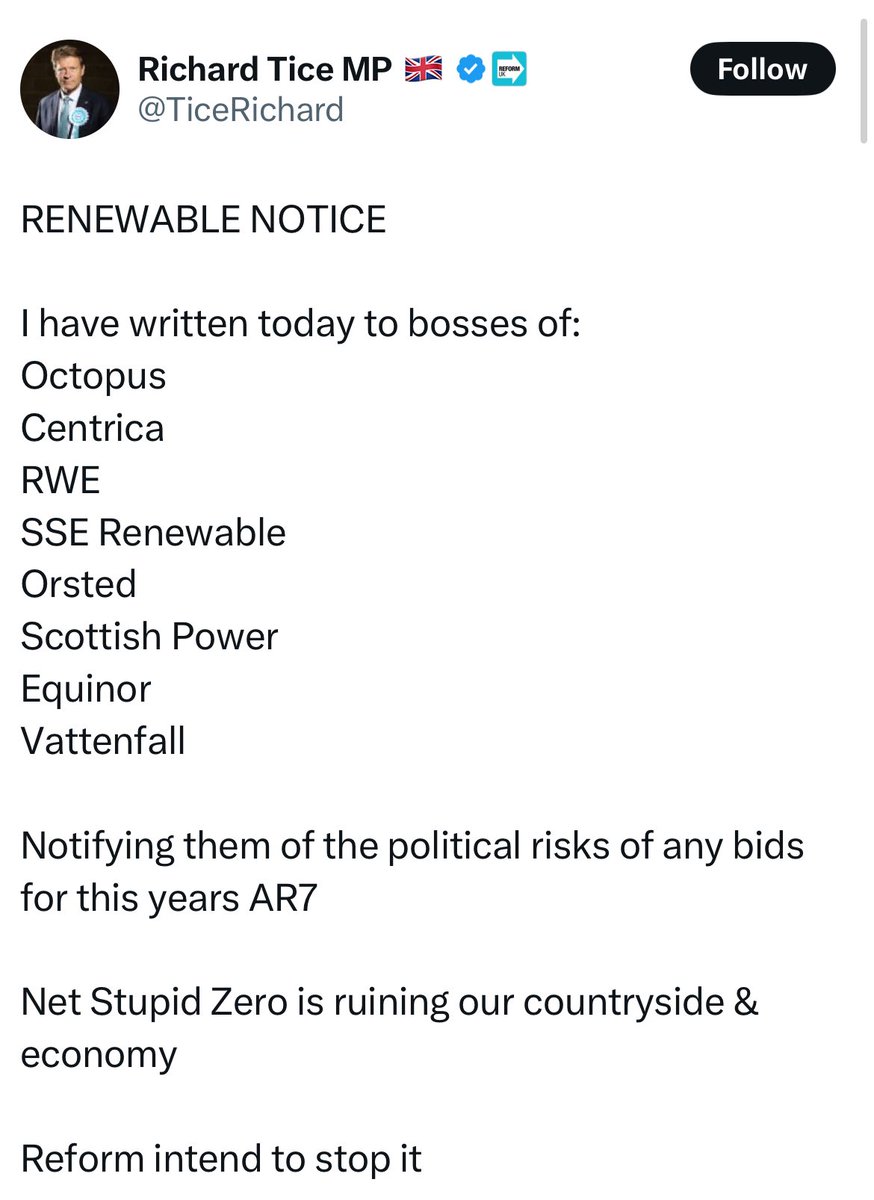 Joe_Dromey's tweet image. This is astonishing.
Reform are actively discouraging investment in the UK. Investment that would create jobs, boost growth, and promote energy independence.
Hugely out of touch with the public, and breathtakingly irresponsible.