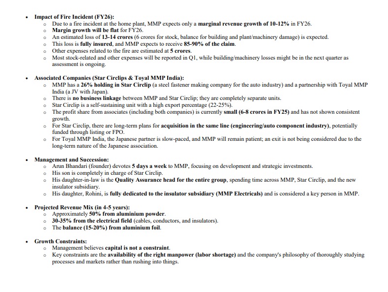 TiltQuest's tweet image. MMP INDUSTRIES MANAGEMENT MEET NOTES
CMP: 285
M.Cap: 730 Cr
Diversification from the Aluminium Powder company to New Electrical Infrastructure Segments.
125 Cr planned Capex into multiple divisions.
#MMPINDUSTRIES