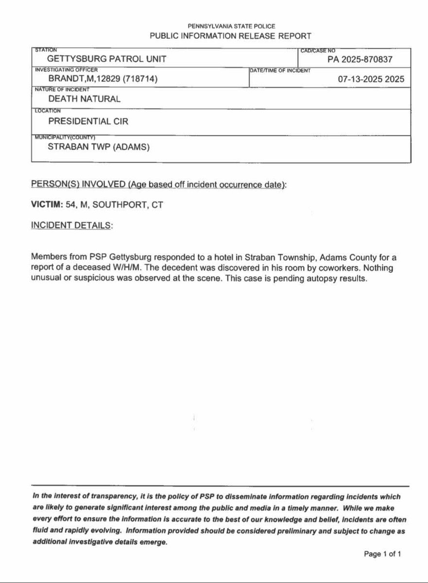 Pennsylvania state police information release on the death of Dan Rivera in Gettysburg.