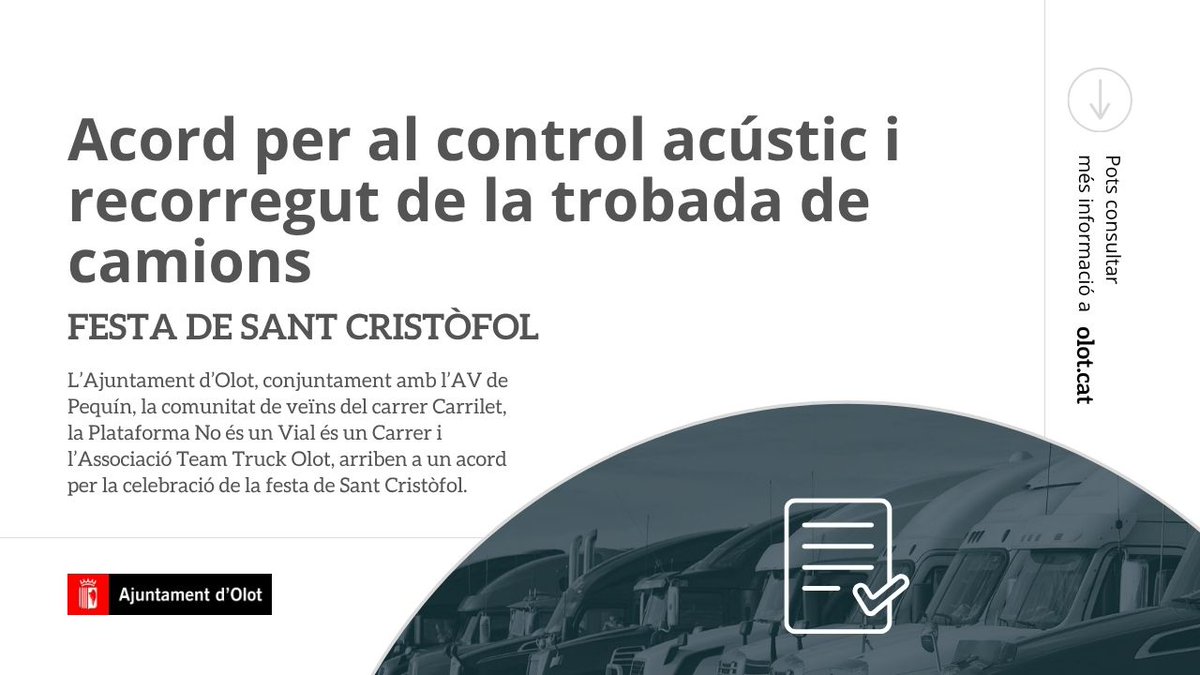 🚚🛻🚛 Acord per al control acústic i recorregut de la trobada de camions per Sant Cristòfol.

📃#AjuntamentOlot, l’AV de Pequín, la comunitat de veïns del c. Carrilet, <a href="/noesunvial/">No és un vial - Olot</a> i l’Associació Team Truck Olot han acordat un seguit de mesures. 
ℹ️olot.cat

#Olot