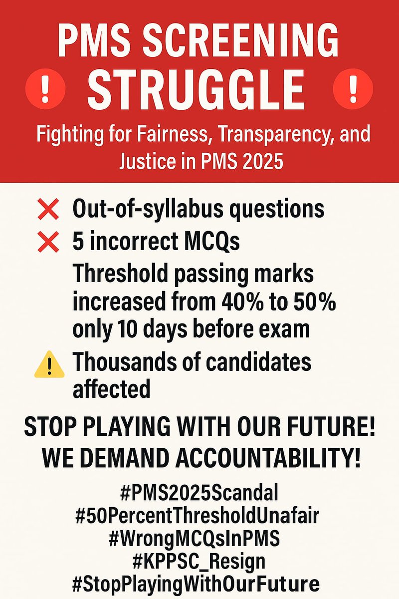 MaroorAhmad9's tweet photo. #PMS2025scandal
#50PercentTresholdUnfair
#StopPlayingWithOurFuture
#KPPSC_Resign
#WrongMCQsInPMS https://t.co/CzM3jpfUND