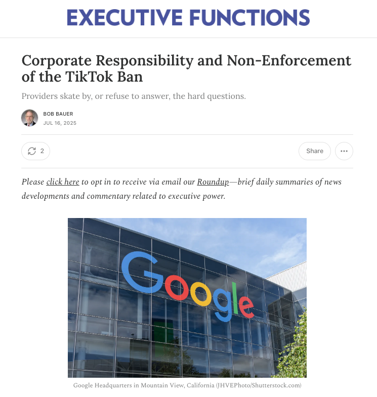 jacklgoldsmith's tweet image. Bob Bauer looks at the corporate duty side of the TikTok ban that the companies are violating but for which the Attorney General has provided practical immunity from DOJ enforcement. open.substack.com/pub/executivef…