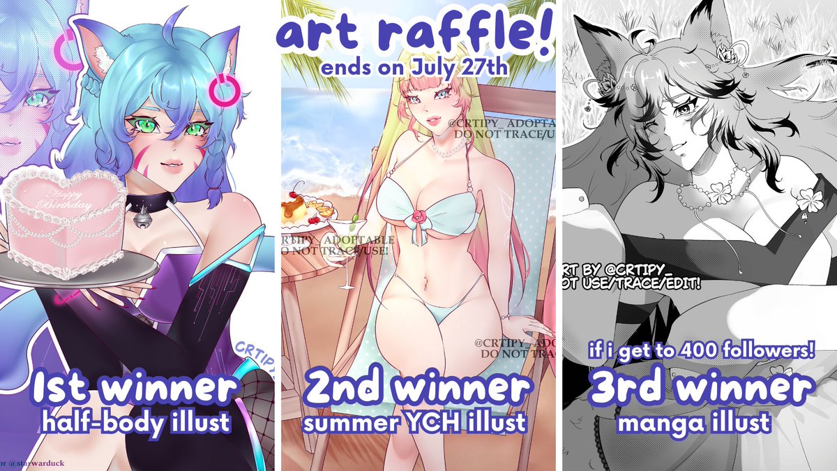 crtipy_'s tweet image. cripy's #artraffle (≧∀≦)ゞ
ends on July 27th
1st winner: half-body rendered illust
2nd winner: my summer YCH illust
+ 3rd winner if i hit 400 followers!
rules:
- like & rt this post!
- comment ur ref/oc!
- follow me ((opt. cuz i dont want ia followers >;(