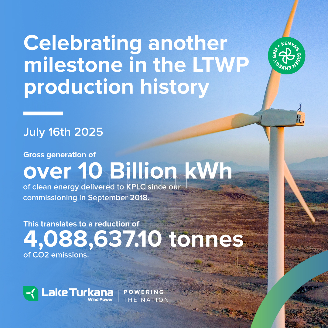 10 BILLION kWh of Clean Power for Kenya 🇰🇪

On July 16th, 2025, Lake Turkana Wind Power surpassed 10 billion kWh gross generation of clean, wind-generated electricity delivered to KPLC since we were commissioned in September 2018.

This means that more of the power Kenyans use
