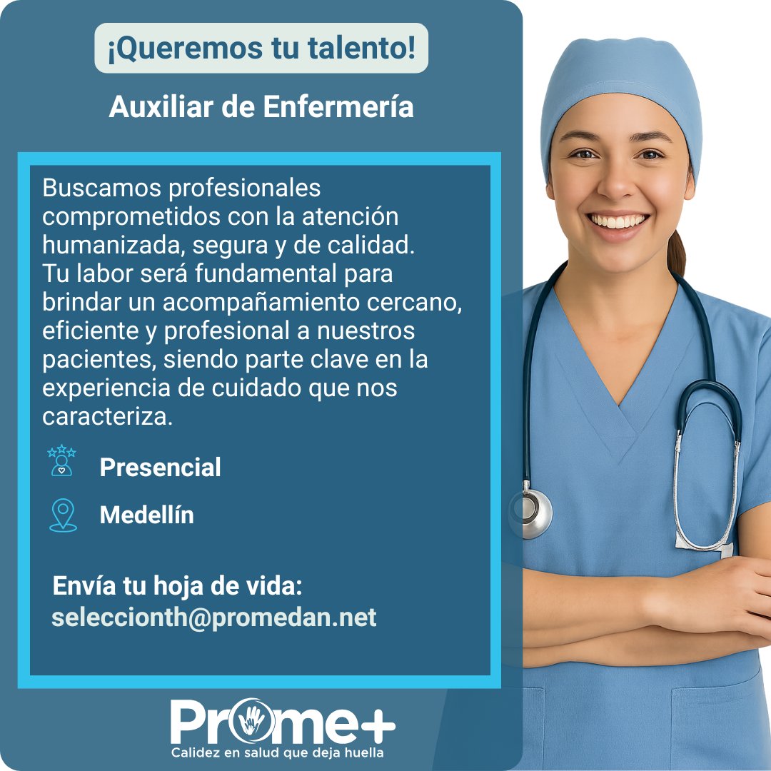 👩‍⚕️ ¡Tu vocación de cuidado tiene un lugar con nosotros!

Buscamos auxiliar de enfermería con compromiso, empatía y orientación al servicio.
Tu labor será clave para garantizar una atención segura, humanizada y con calidad para nuestros pacientes.
 #TrabajaConNosotros