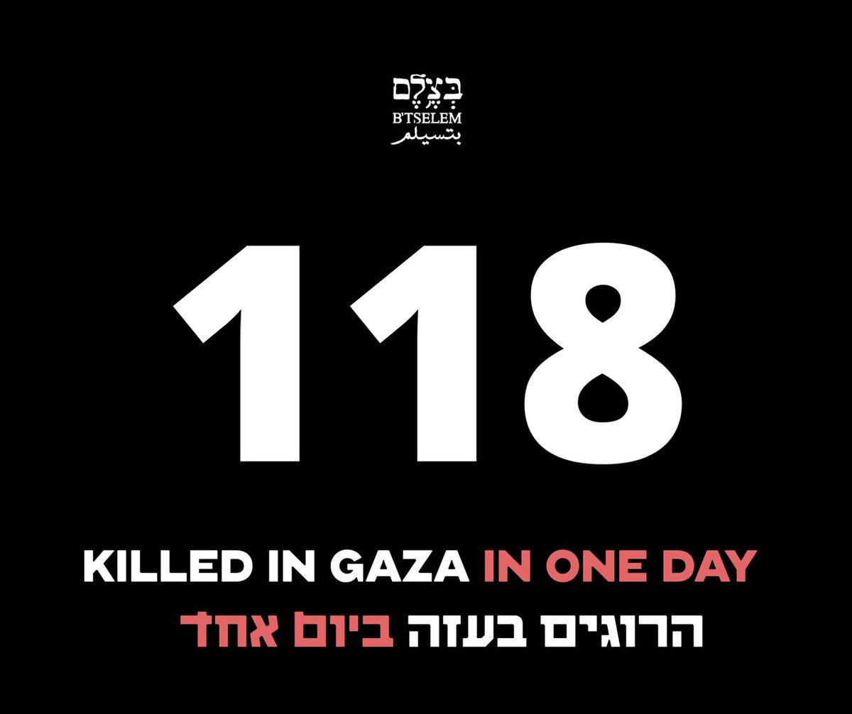 btselem's tweet image. The killing in Gaza continues. Yesterday, July 16, the Israeli military killed 118 people, 31 of whom were waiting for humanitarian aid
ישראל ממשיכה את ההרג בעזה. אתמול, 16.7, הצבא הישראלי הרג 118 בני אדם - מתוכם 31 בעת שחיכו לסיוע הומניטרי
📷
