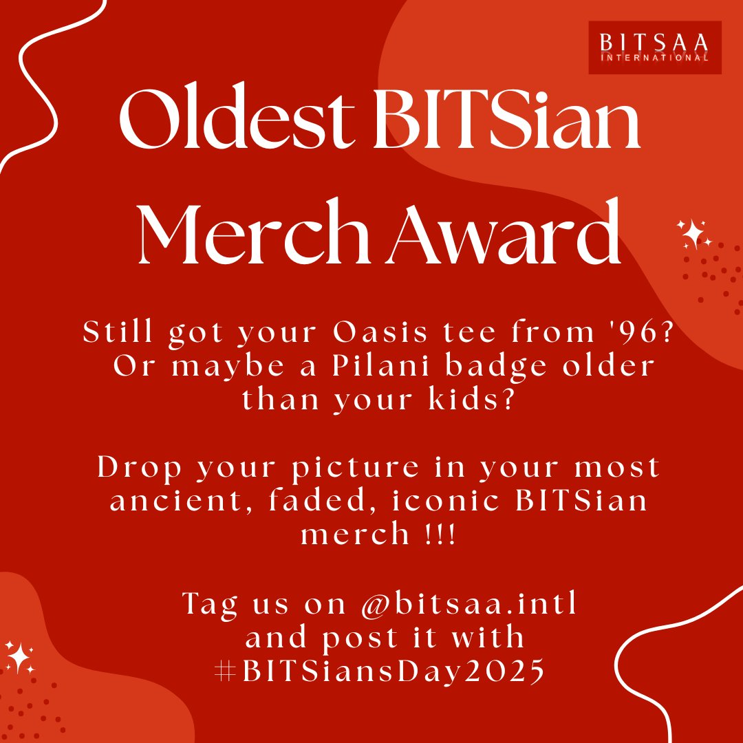 BITSAA International (@bitsaa) on Twitter photo 🎉 Got a tee from Oasis ’96 or a badge older than your kids?
It’s time to win the Oldest BITSian Merch Award! 🏆
📩 Email: socialmedia_manager@bitsaa.org
📸 Post with #BITSiansDay2025
🗓 Deadline: Aug 10 , 2025
Let the legacy shine! 🌟 🎉 Got a tee from Oasis ’96 or a badge older than your kids?
It’s time to win the Oldest BITSian Merch Award! 🏆
📩 Email: socialmedia_manager@bitsaa.org
📸 Post with #BITSiansDay2025
🗓 Deadline: Aug 10 , 2025
Let the legacy shine! 🌟