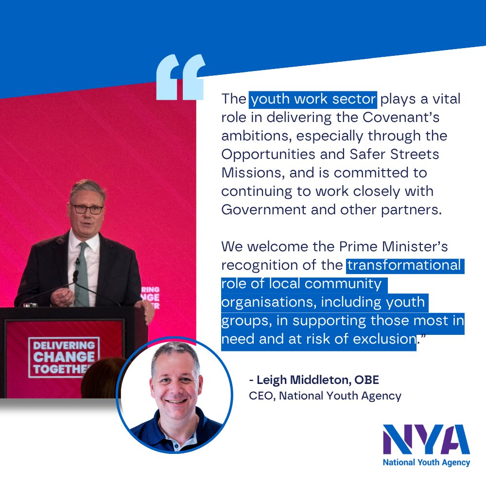 The NYA welcomes the launch of the Civil Society Covenant by the Prime Minister &amp; @lisanandymp @dcmsgovuk. We believe that youth work is at the heart of the this Covenant and we’re glad to see recognition from Government of the vital role youth groups play in supporting young