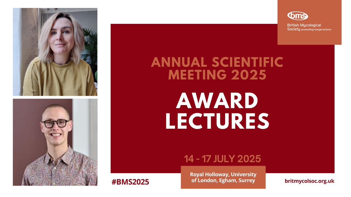 BritMycolSoc's tweet image. Award lectures at #BMS2025 . Berkeley Award - Johanna Rhodes, University of Birmingham. Tony Trinci Award - Harry Chown, Imperial College London. And presentation of the early-career mycologist awards too!