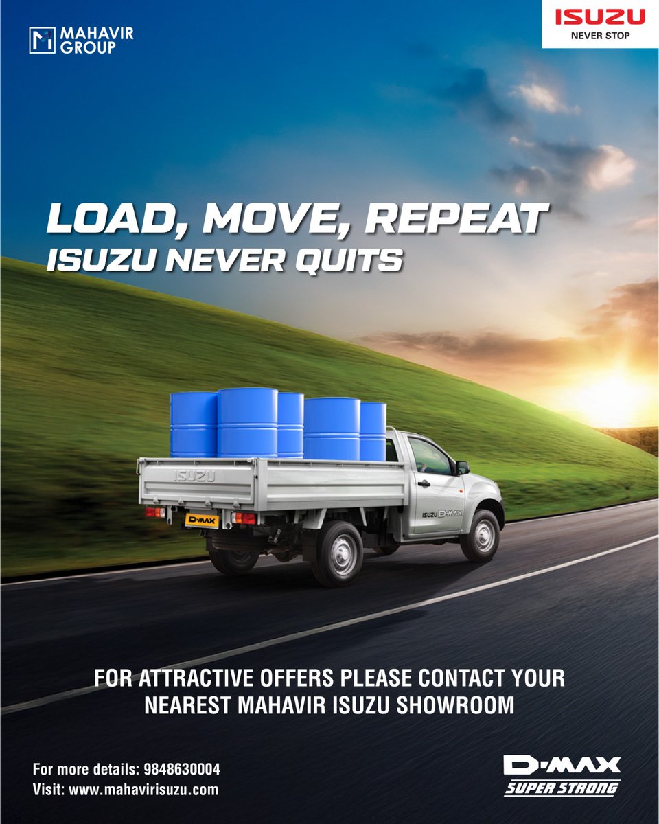ISUZUHyderabad's tweet image. Load it up. Move it out. Repeat. This powerhouse never quits—engineered for strength, reliability, and relentless performance, every single day.
Call: 9848630004. Visit - bit.ly/33PsbJq
#MahavirISUZU #Regularcab #ISUZUdmax #Rcab #ISUZU #ISUZUneverstop #ISUZUmotorsIndia