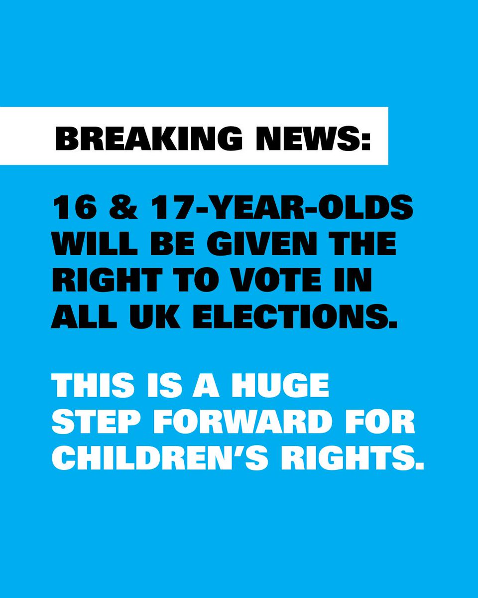 Young people have been heard 🙌 UNICEF UK welcomes today’s announcement that 16- and 17-year-olds will be given the right to vote in all UK elections. "This step recognises their voices, their experiences, and their right to shape their own futures" - Jo Rea, Director of Advocacy