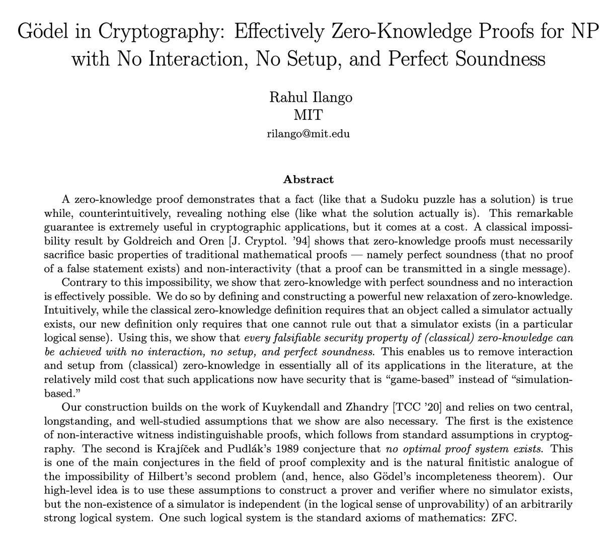 billatnapier's tweet photo. A ZKP shows that you know something, and without giving away the secret. This  paper outlines the usage of  Godel’s incompleteness theorem to produce a  ZKP that has no interaction (eg no setup):  https://t.co/5qaSo3ETW0 https://t.co/tf6IwU6led