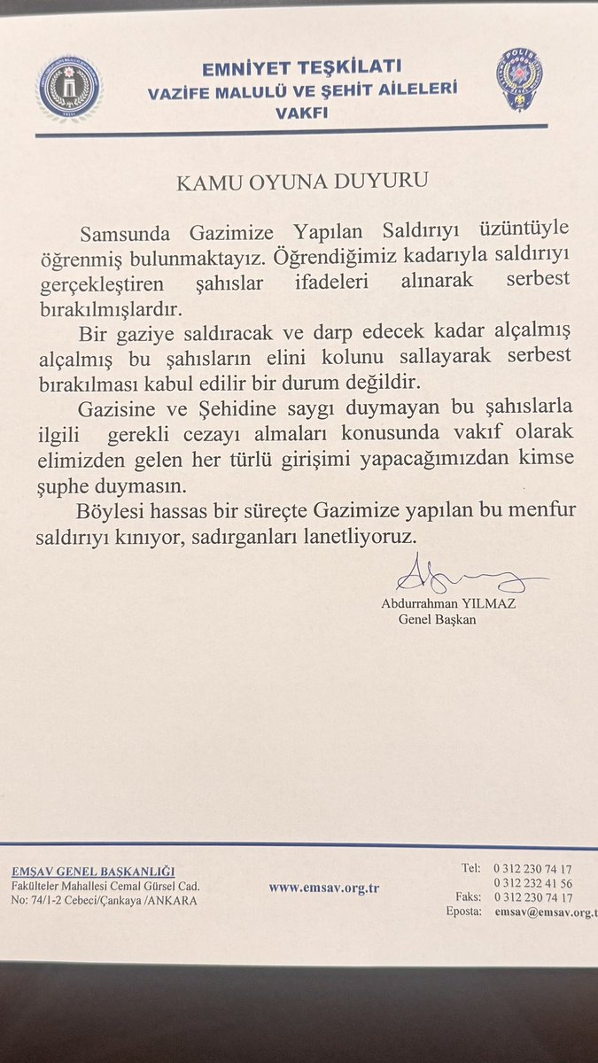 EMSAVayilmaz's tweet photo. Samsun’da Gazimize yapılan saldırıyı lanetliyorum.
Samsun Emniyet Müdürlüğünden de gazimize sahip çıkmasını ve olayın takipçisi olmasını bekliyorum.
@TC_icisleri 
@SamsunEmniyeti @adalet_bakanlik https://t.co/Q56lBWAqA3