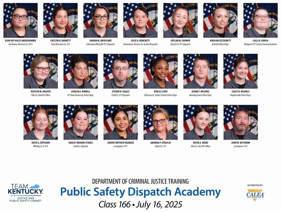 JusticeKentucky's tweet image. 🎓 19 new dispatchers have graduated from the @KYDOCJT Public Safety Dispatch Academy after 160+ hours of intense, hands-on training. As the first voice Kentuckians hear in emergencies, dispatchers play a vital role in public safety.
Congratulations, Class 166!