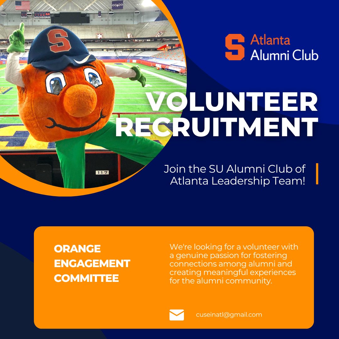 ✨Calling all social butterflies with 315 energy✨
Want to turn your love for Syracuse into Southern hospitality? Help us plan, host, and bring #OrangeNation together in the A.🧡

📥 cuseinatl@gmail.com