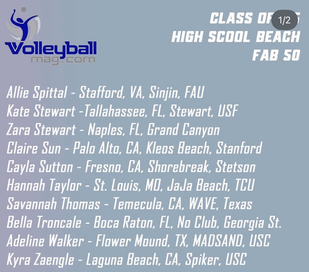 Congrats to incoming freshman Cayla Sutton for making <a href="/VBMagazine/">VolleyballMag.com</a> class of 2025 beach FAB 50