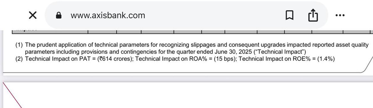 TheClubJunto's tweet image. "Technical Impact": Axis Bank’s Accounting Innovation in Q1 FY26
Gross Slippages: Rs. 8,200 cr
Technical Impact: (-) Rs. 2,709 cr
EXCLUDING Technical Impact = Rs. 5,491 cr
So, NPAs & PAT are reported as: “Actual” vs. “Ex Technical Impact”
What is “Technical Impact”?
Axis…
