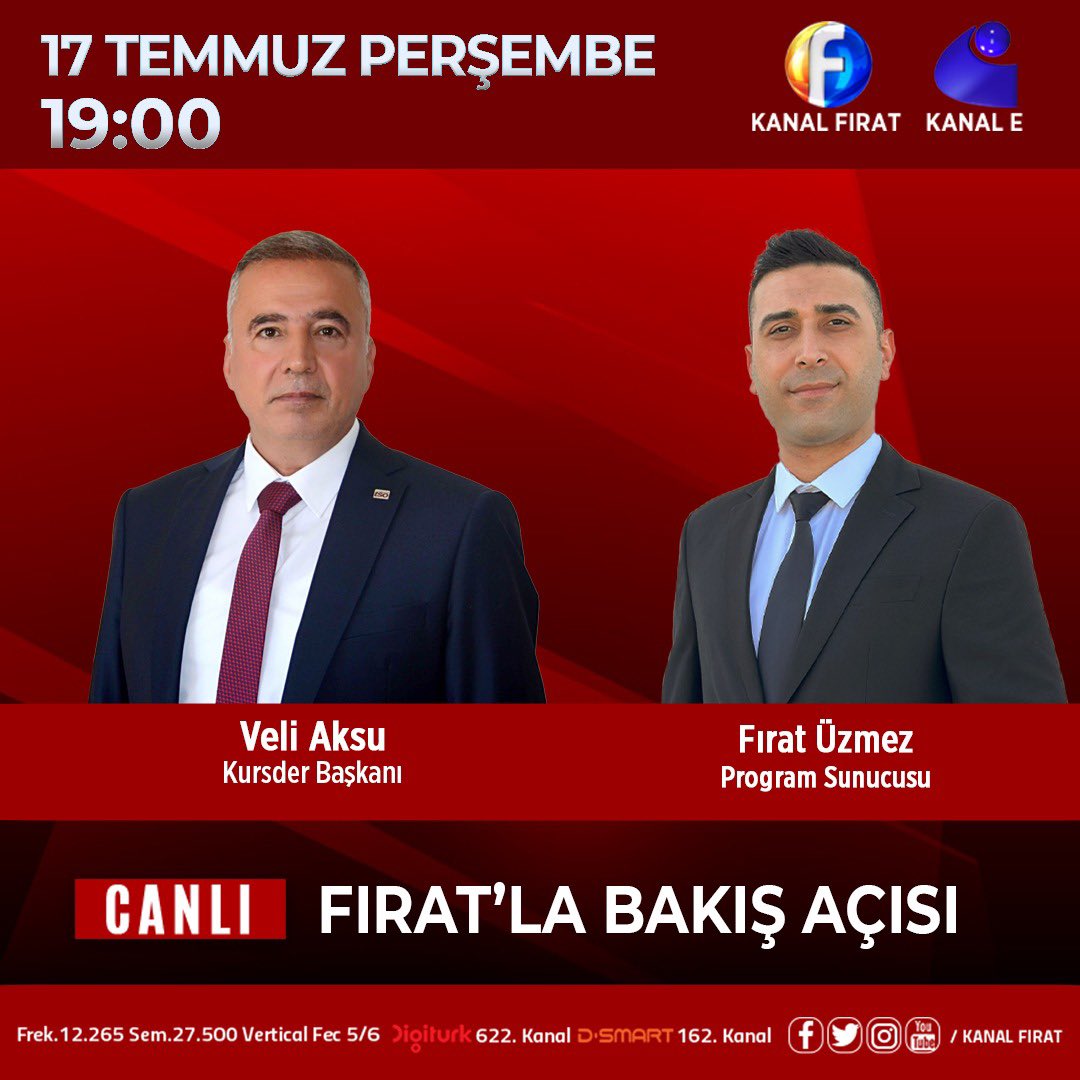 📣#Fıratla BakışAçısı
🗓Perşembe 
⏰19:00
📺#KanalFırat'ta
🌃#Elazig #Elazığ
🌎kanalfirat.com.tr

🛰kanalfirat.com.tr/canli-yayin
📡youtube.com/KANALFIRAT
📡X.com/KANALFIRAT
📡facebook.com/KANALFIRAT
📡instagram.com/kanal_firat
📡threads.net/@KANALFIRAT