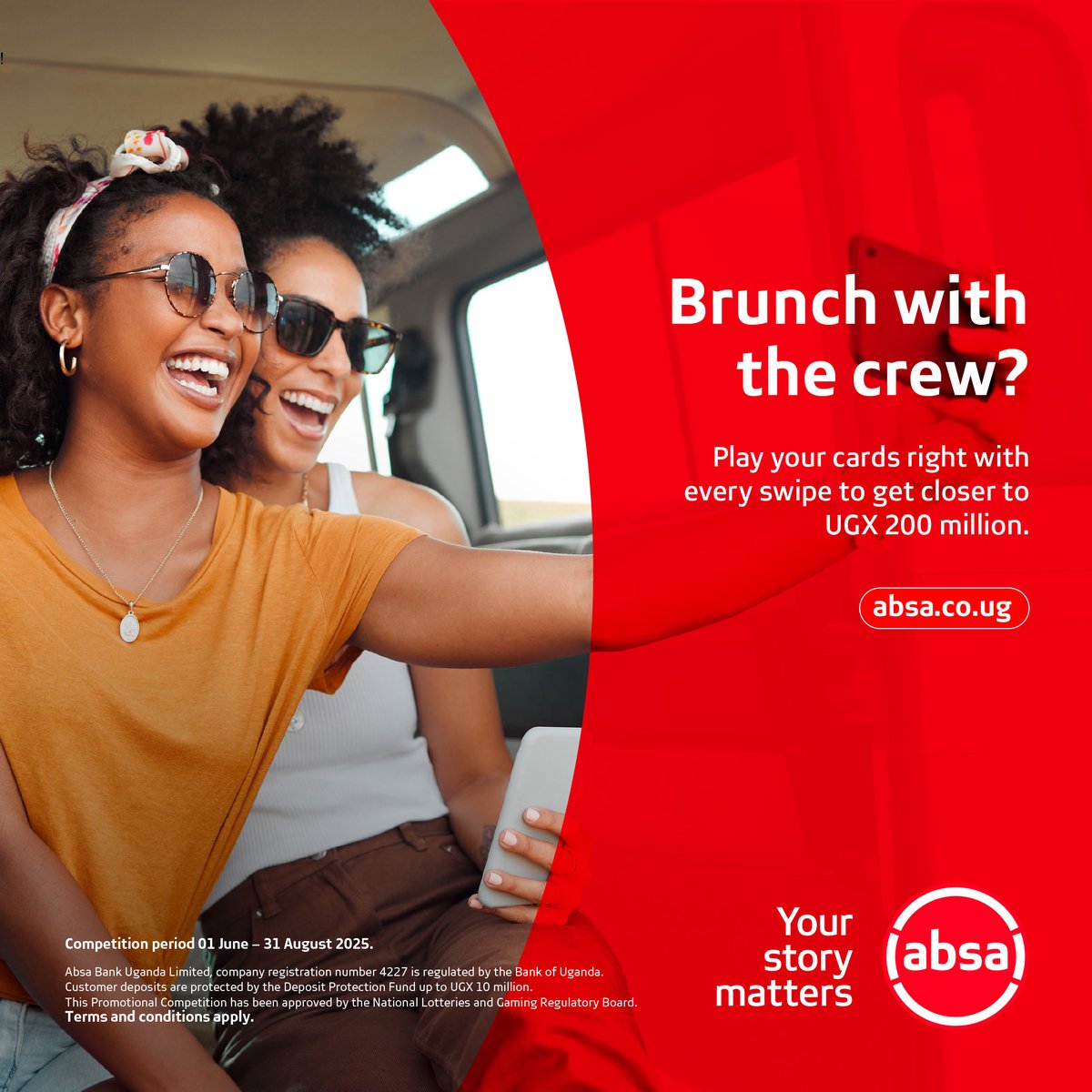 AbsaUganda's tweet image. Brunch vibes + card swipes this weekend = your chance at UGX 200 million. Every tap counts, and you need only 5 times to enter. Start tapping today for a chance to score a life-changing reward.
Get an Absa card today absa.co.ug/personal/get-a…
Terms & Conditions Apply…