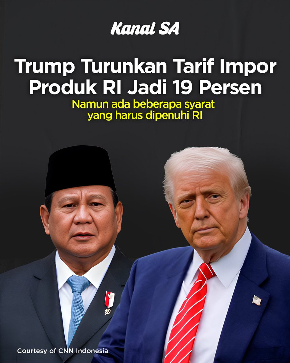 kanalsa_id's tweet photo. Presiden Amerika Serikat (AS) Donald Trump pada Selasa (15/7) mengklaim telah mencapai kesepakatan perdagangan dengan Indonesia.
Kesepakatan ia klaim tercapai setelah berbicara langsung dengan Presiden Prabowo Subianto.
#kanalsa #trump #tarifimpor https://t.co/4oozfhW0EK