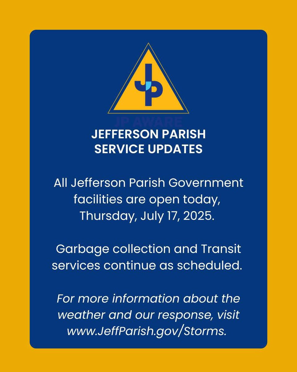 JeffParishGov's tweet image. Jefferson Parish is working closely with the National Weather Service, as well as state and local partners, and will update residents should weather impacts increase. Residents should stay weather aware. Visit JeffParish.gov/Storms for Jefferson Parish updates.